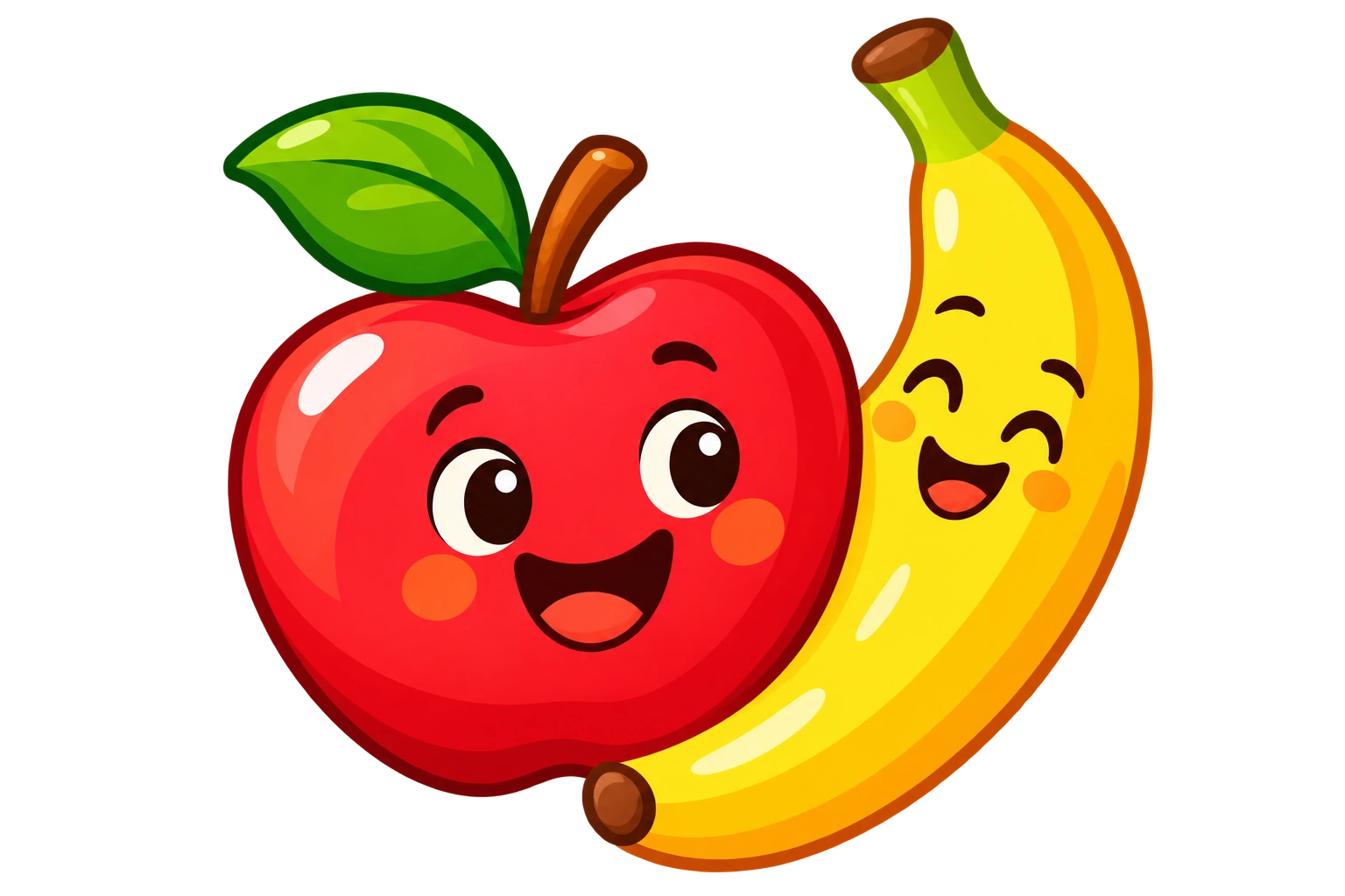 Leende tecknat äpple och banan
